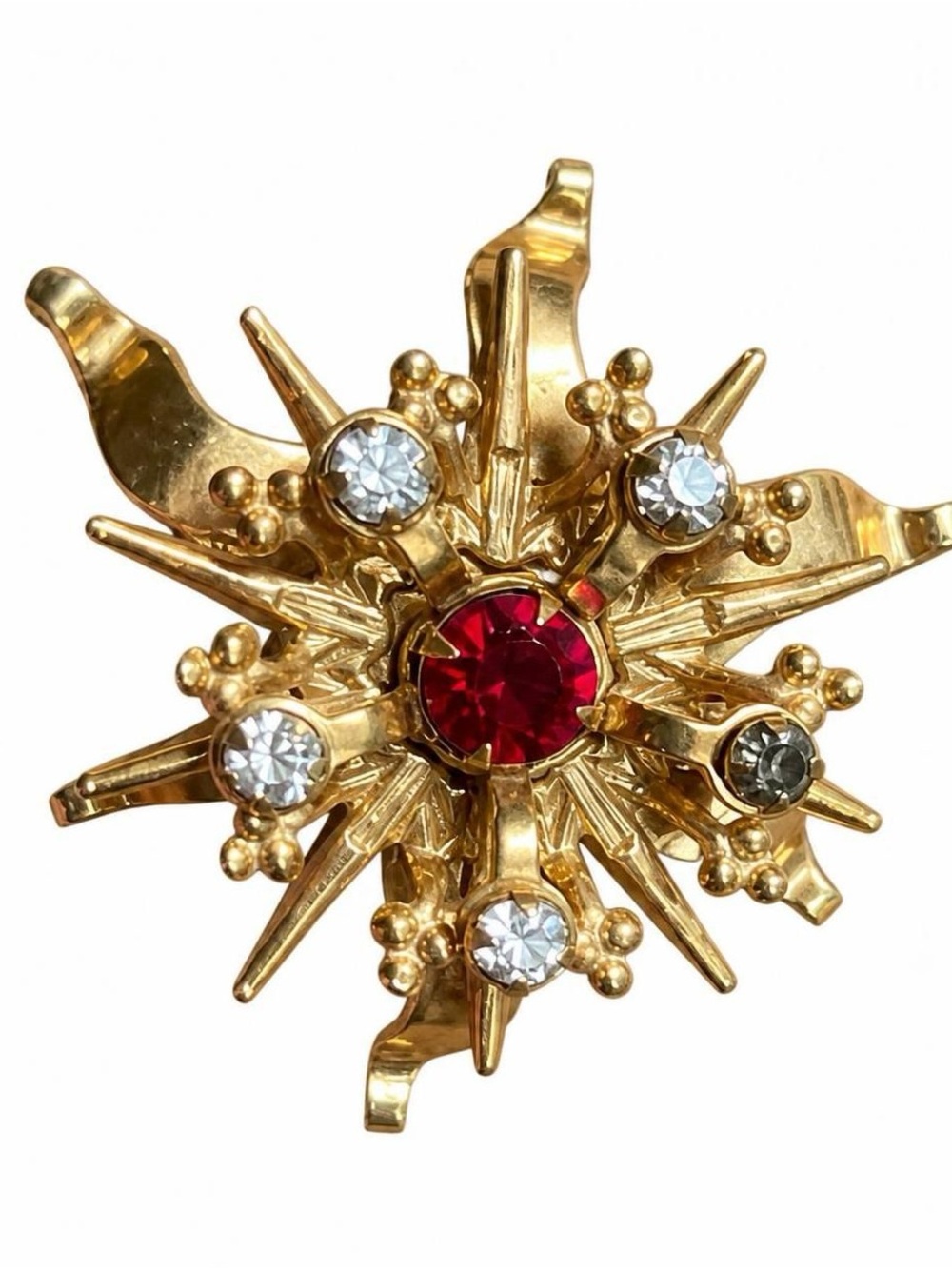 Vintage Atomic Starburst Brooch Pendant, Mid-Century Modern Gold Tone Red Rhine